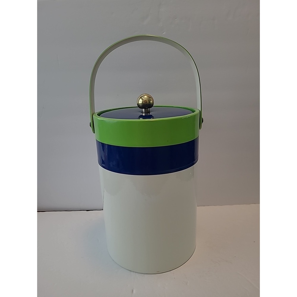 Vintage Ice‎ Bucket White Green Blue With Handle And Lid 12" Tall